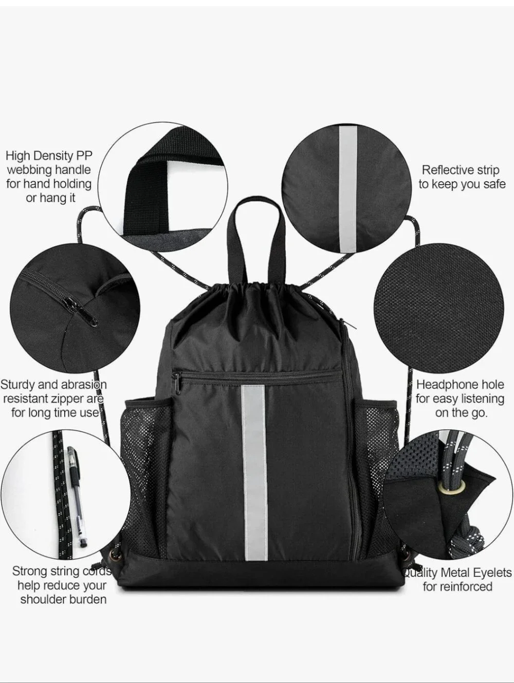 Drawstring Sports Backpack with Reflective Stripe